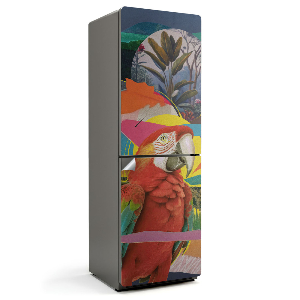 Naklejka tapeta na lodówkę Papuga w tropikalnym kolażu