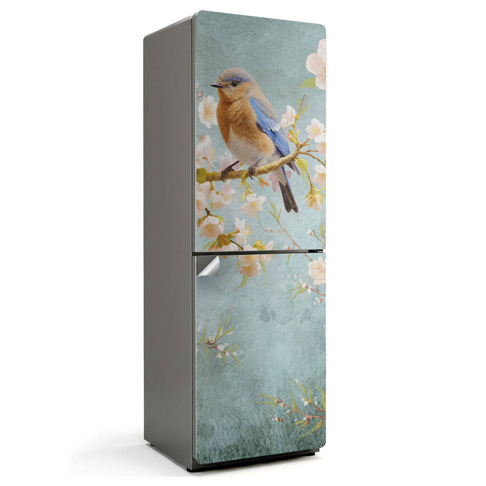 Naklejka tapeta na lodówkę Ptak na gałęzi z kwiatami