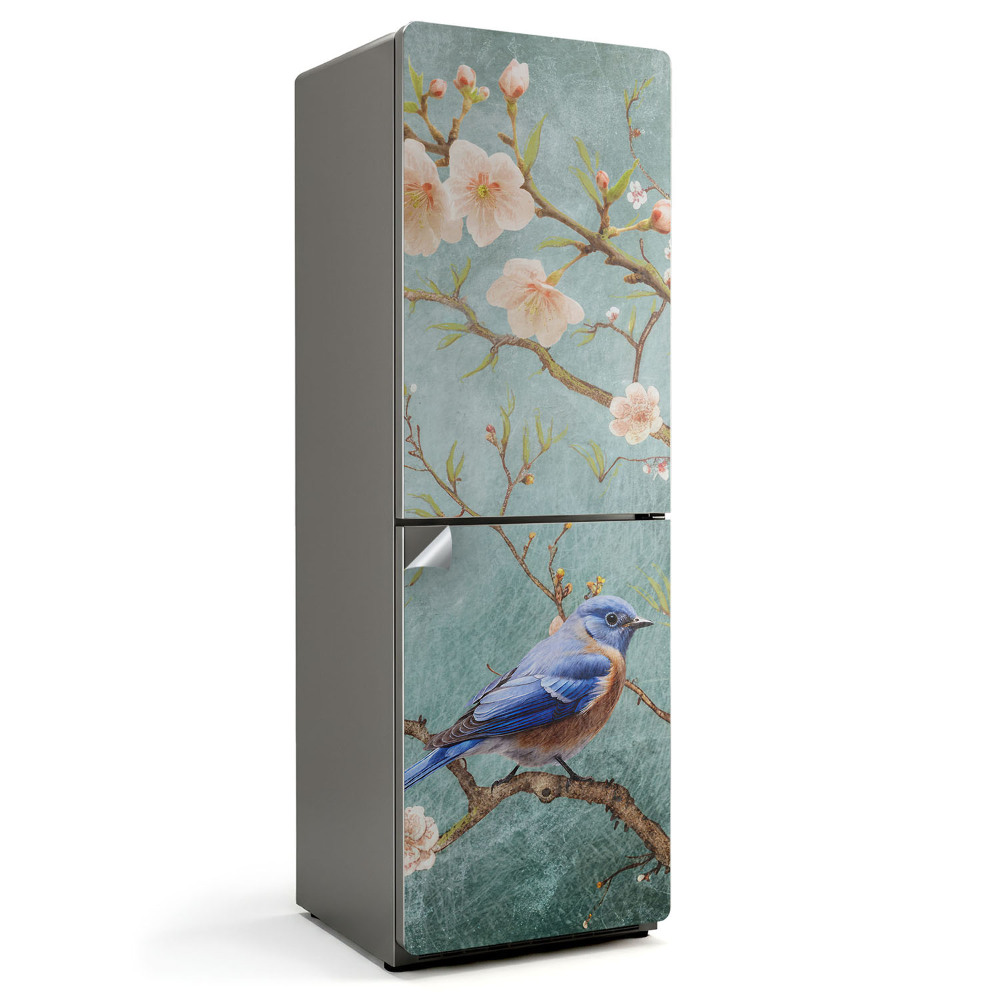 Okleina na lodówkę Ptak na gałęzi z kwiatami