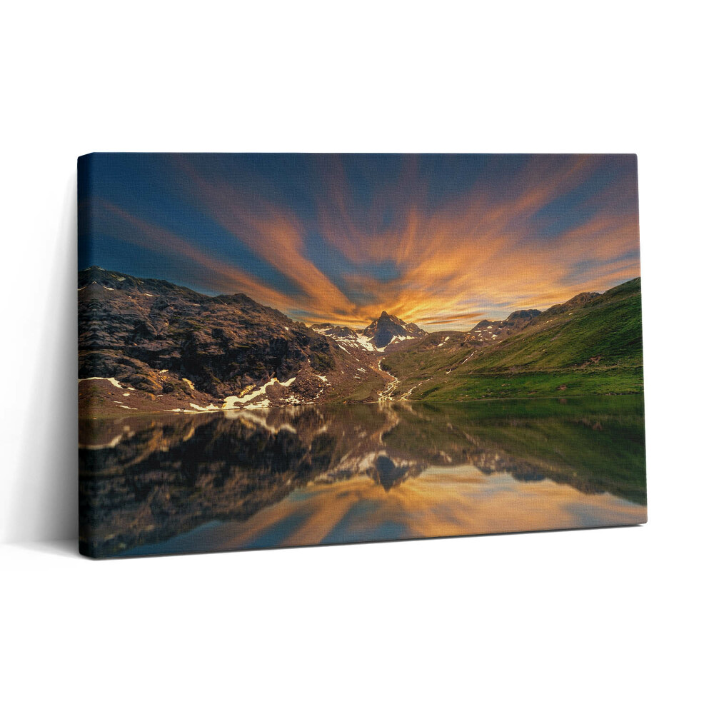 Obraz canvas 30x20 Górskie jezioro i zachód słońca