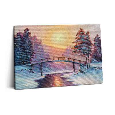 Obraz canvas 60x40 Malarstwo - most na rzece i zimowy zachód słońca
