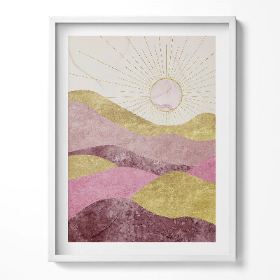 Obraz w ramce Abstrakcyjny pejzaż złotych gór i słońca