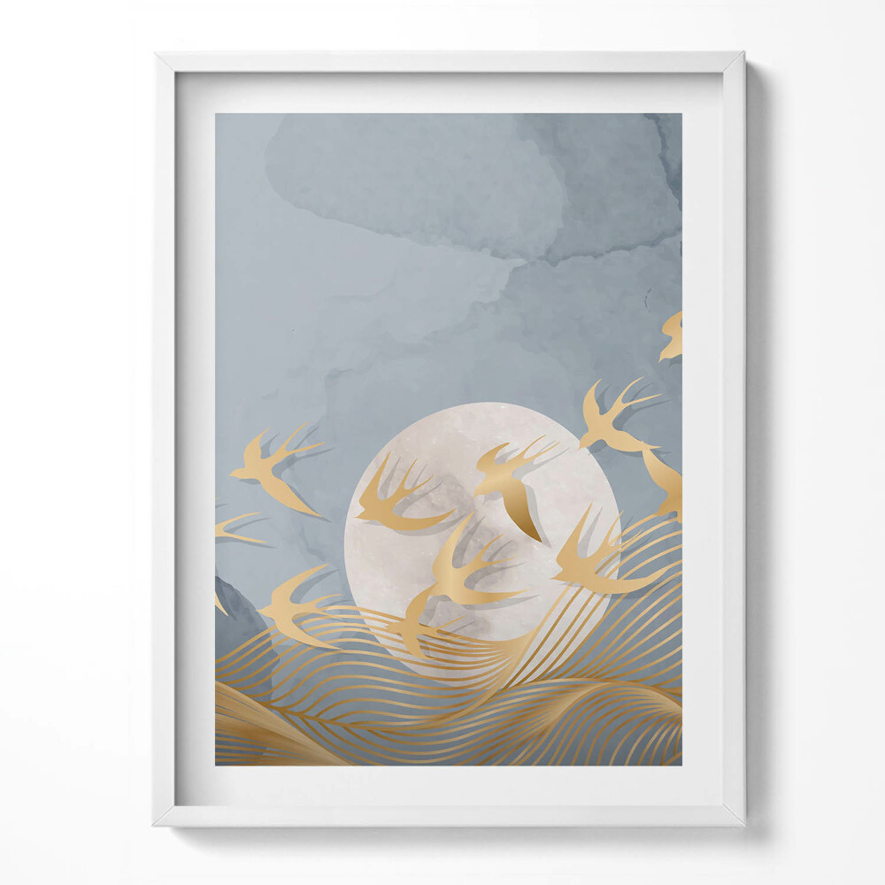 Obraz w ramce Ilustracja księżyca i lecących ptaków