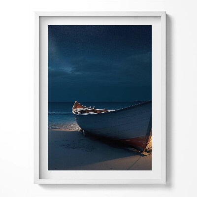 Obraz w ramce Łodka na brzgu plaży nocą