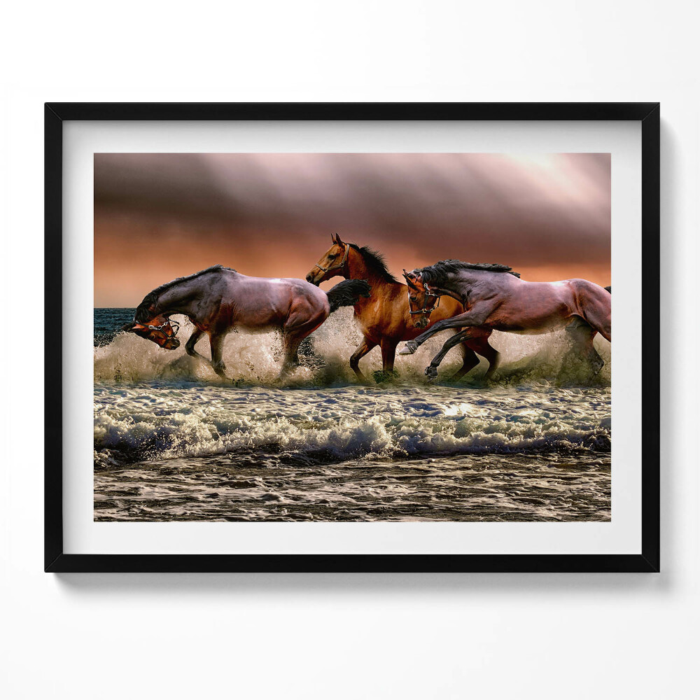 Obraz z ramką Pędzące w wodzie konie