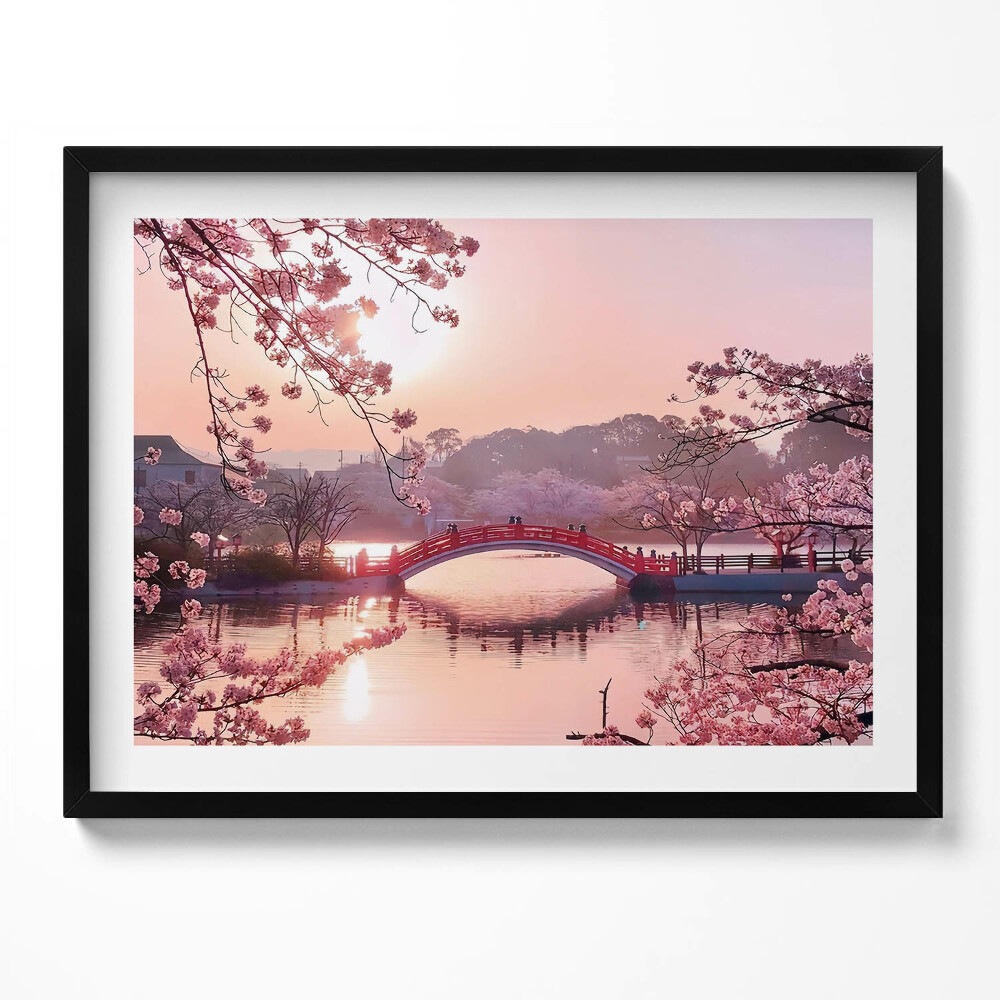 Obraz z ramką Kwiaty wiśni i most - styl japoński
