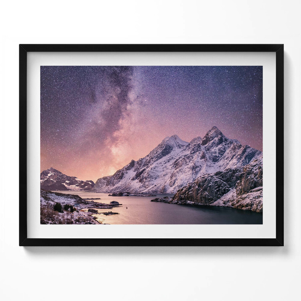 Obraz z ramką Zorza i gwieździste niebo nad górami