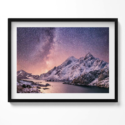 Obraz z ramką Zorza i gwieździste niebo nad górami