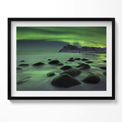 Obraz z ramką Zorza polarna - zielony pejzaż
