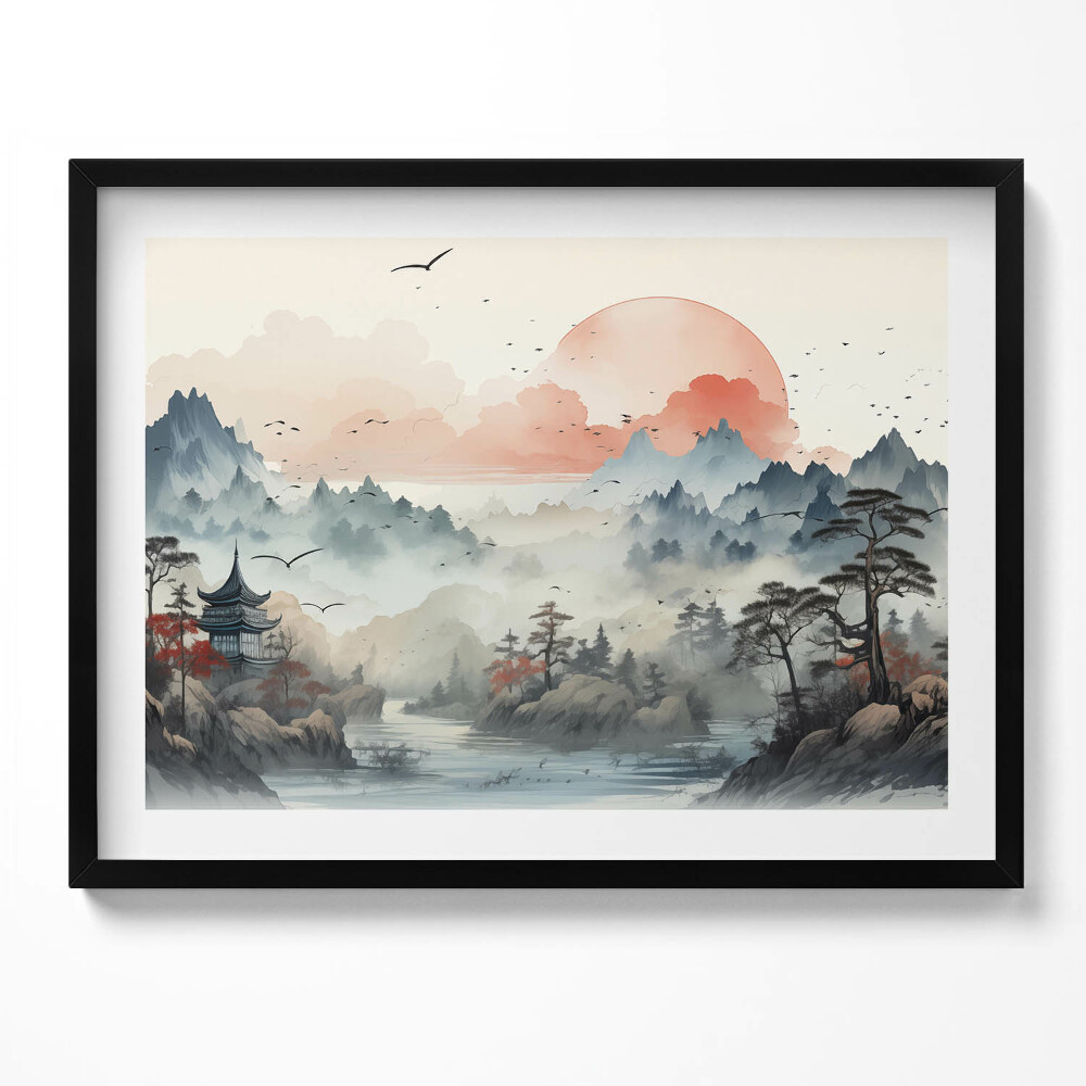 Obraz z ramką Górski pejzaż lasu w japońskim stylu