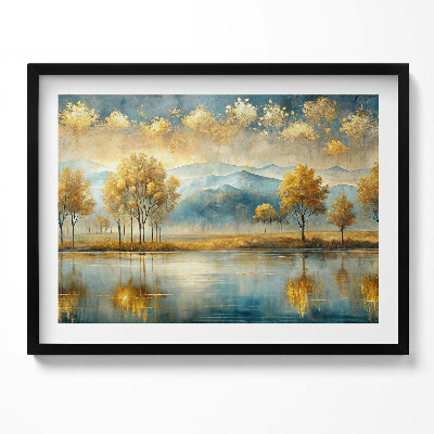 Obraz z ramką Abstrakcyjny pejzaż złotych drzew nad jeziorem