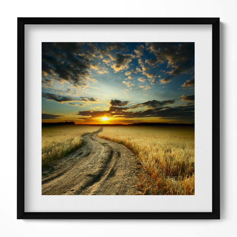 Obraz w drewnianej ramce Polna droga i zachód słońca