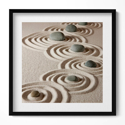 Obraz w drewnianej ramce Zen - kamienie na piaskowych okręgach
