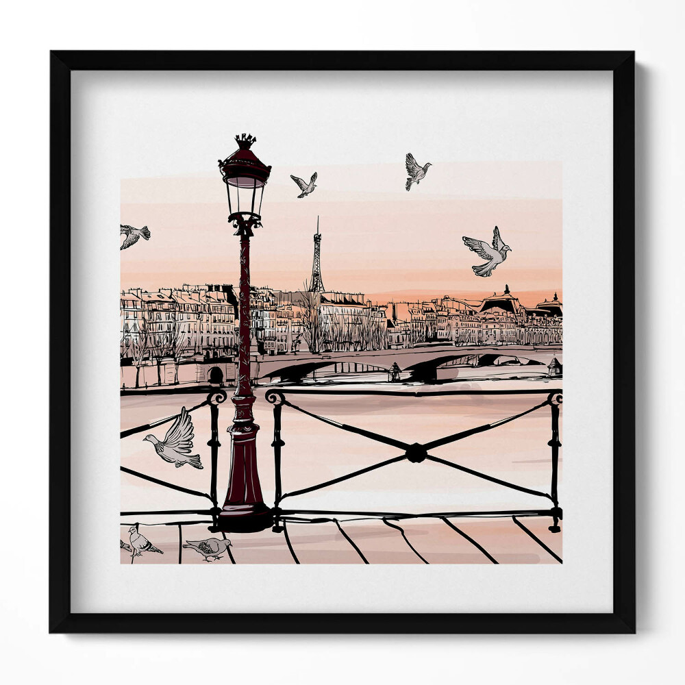 Obraz w drewnianej ramce Zachód słońca nad Sekwaną