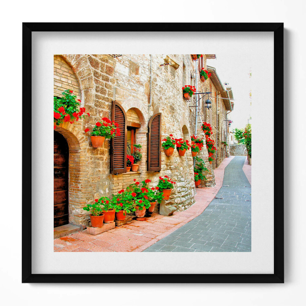 Obraz w drewnianej ramce Malownicza uliczka z kwiatami