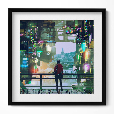 Obraz w drewnianej ramce Miasto Cyber Punk