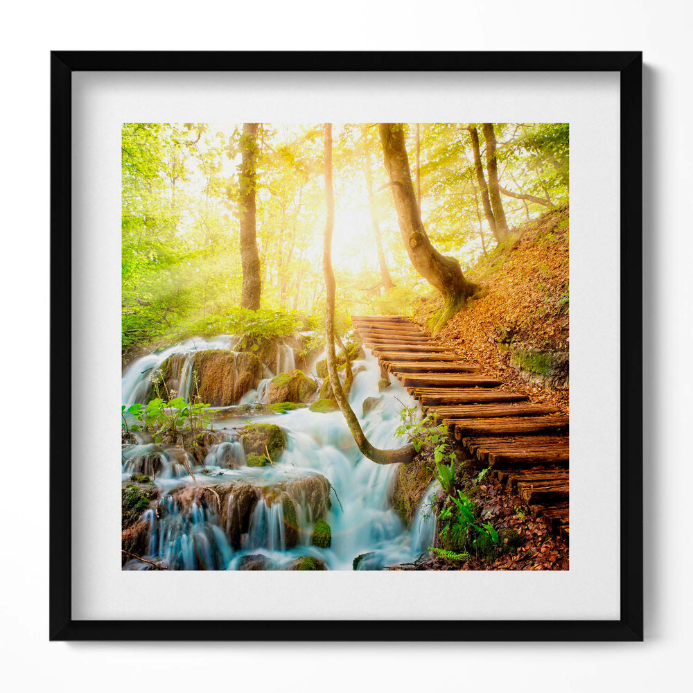 Obraz w drewnianej ramce Strumień i schody w lesie