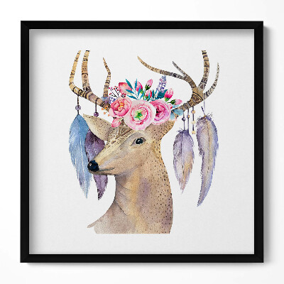 Obraz w drewnianej ramce Głowa jelenia i kwiaty