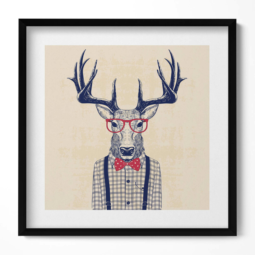 Obraz w drewnianej ramce Jeleń w koszuli i jazzowej kokardce