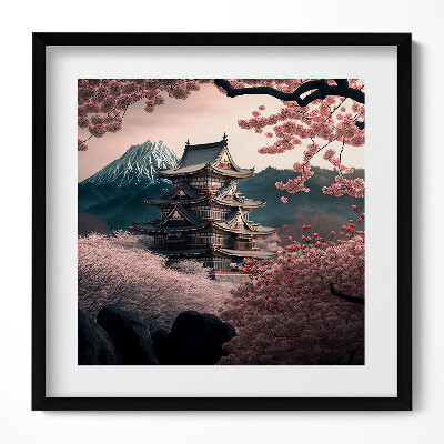 Obraz w drewnianej ramce Azjatycka wieża i kwiaty wiśni