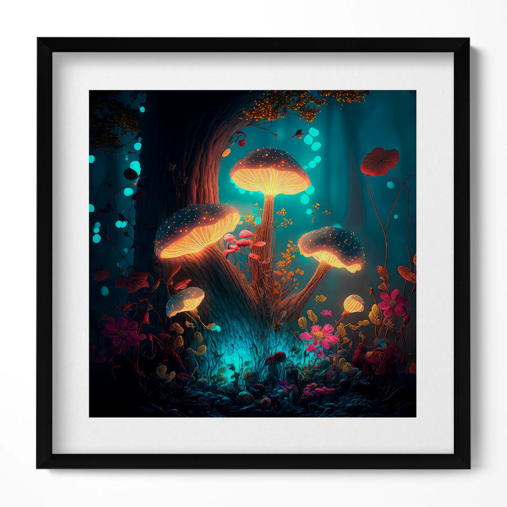 Obraz w drewnianej ramce Las i magiczne grzyby