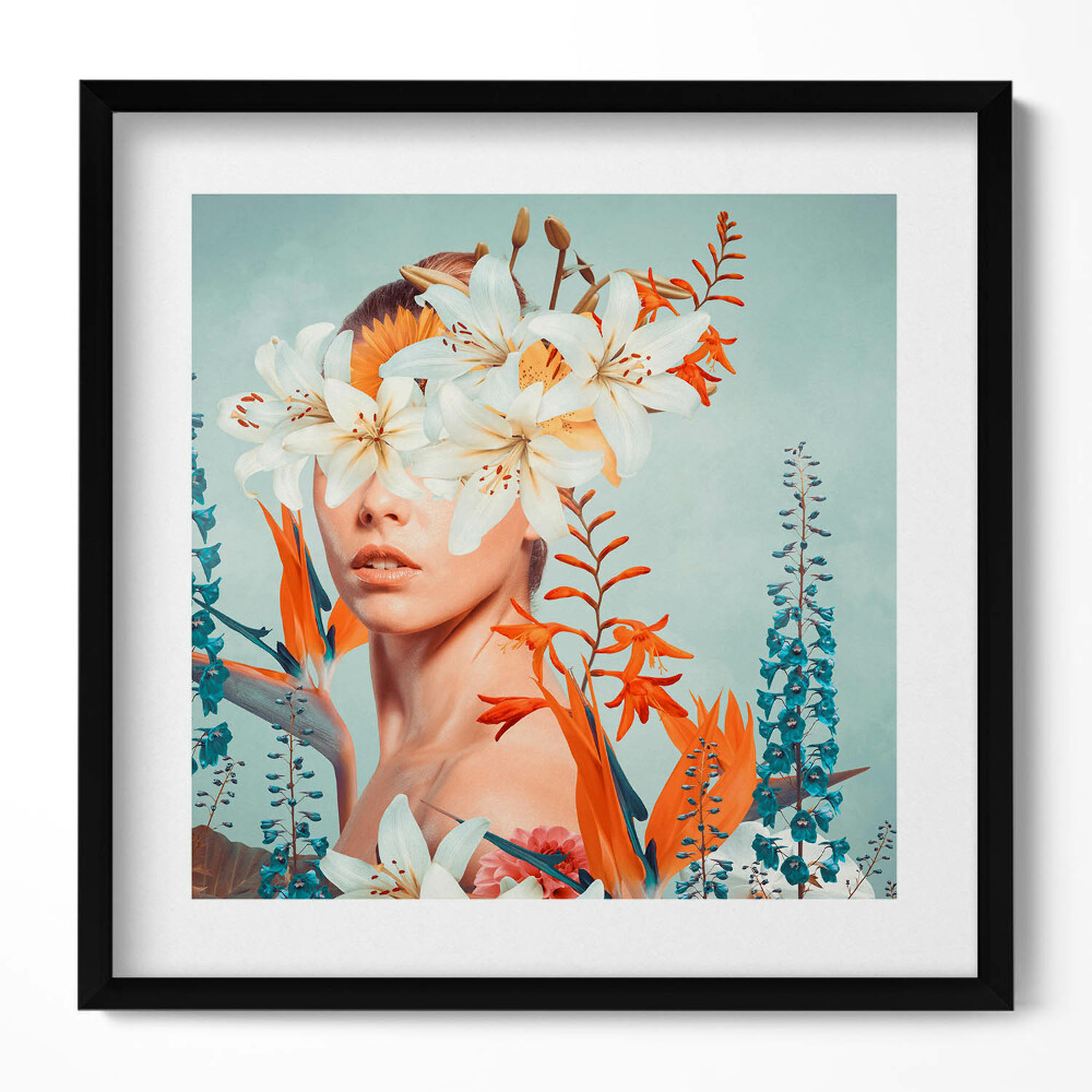 Obraz w drewnianej ramce Abstrakcja kobieta z kwiatami