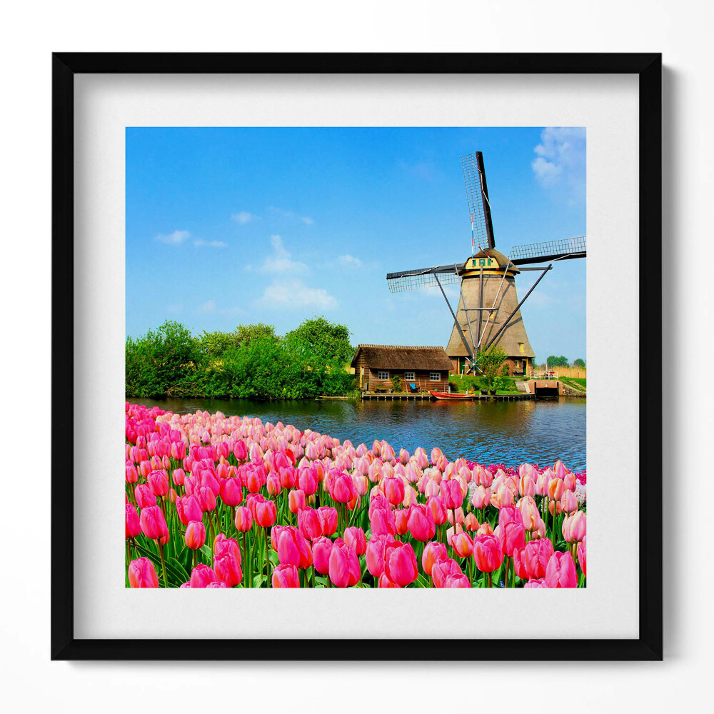 Obraz w drewnianej ramce Holenderski wiatrak z kwiatami