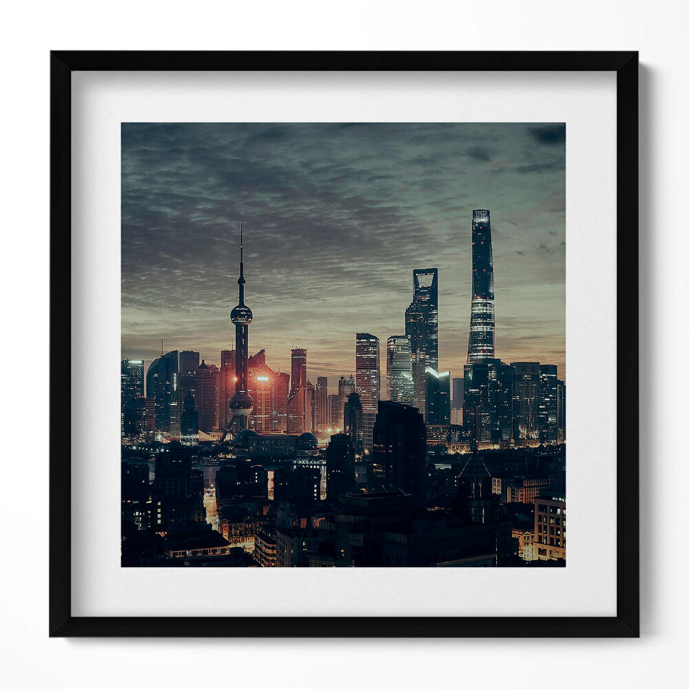 Obraz w drewnianej ramce Panorama Shanghai nocą