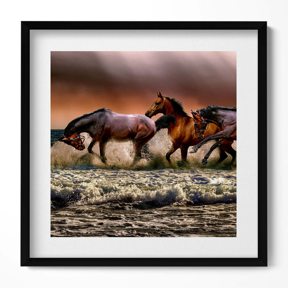Obraz w drewnianej ramce Pędzące w wodzie konie