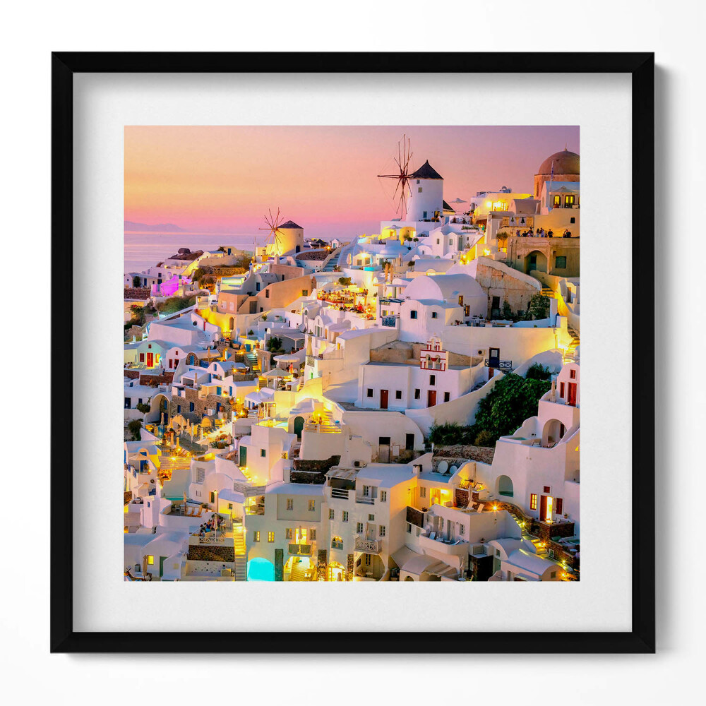 Obraz w drewnianej ramce Architektura Santorini wieczorem Grecja