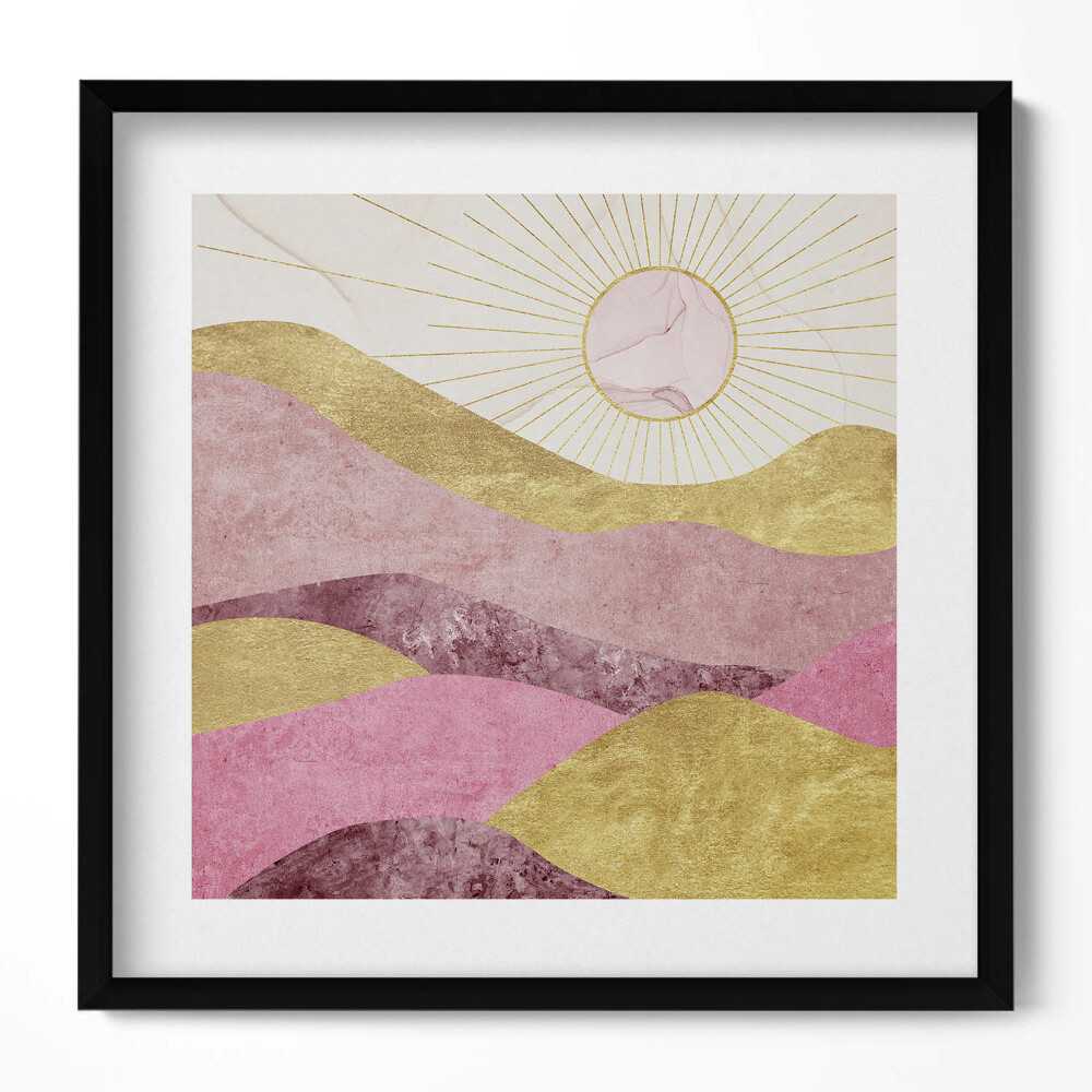 Obraz w drewnianej ramce Abstrakcyjny pejzaż złotych gór i słońca