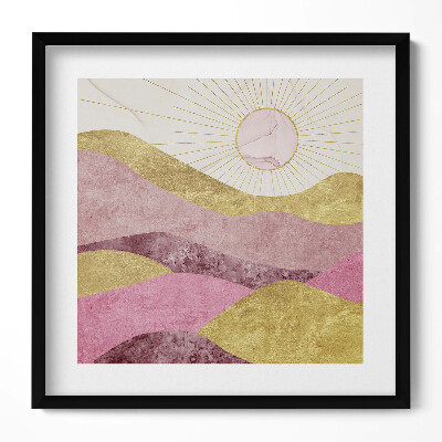 Obraz w drewnianej ramce Abstrakcyjny pejzaż złotych gór i słońca