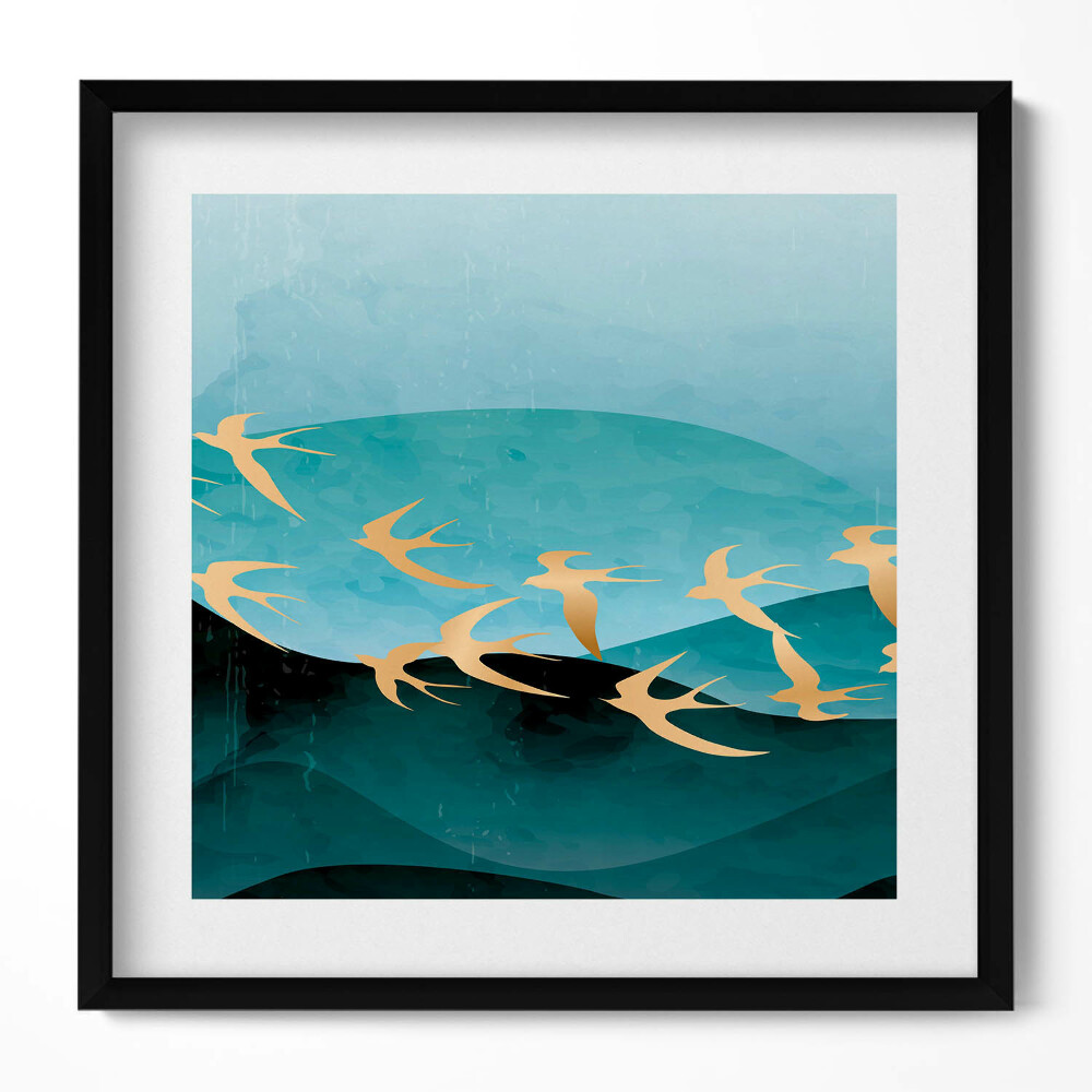 Obraz w drewnianej ramce Ilustracja złotych ptaktów na niebie