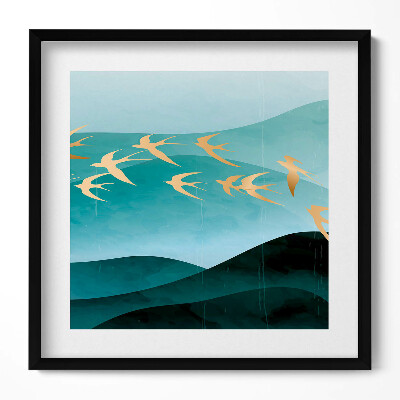 Obraz w drewnianej ramce Ilustracja złotych ptaktów na niebie