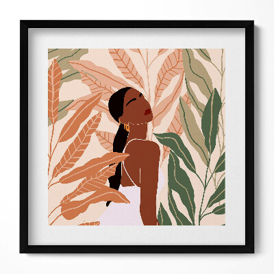 Obraz w drewnianej ramce Ilustracja kobiety wśród liści w stylu boho