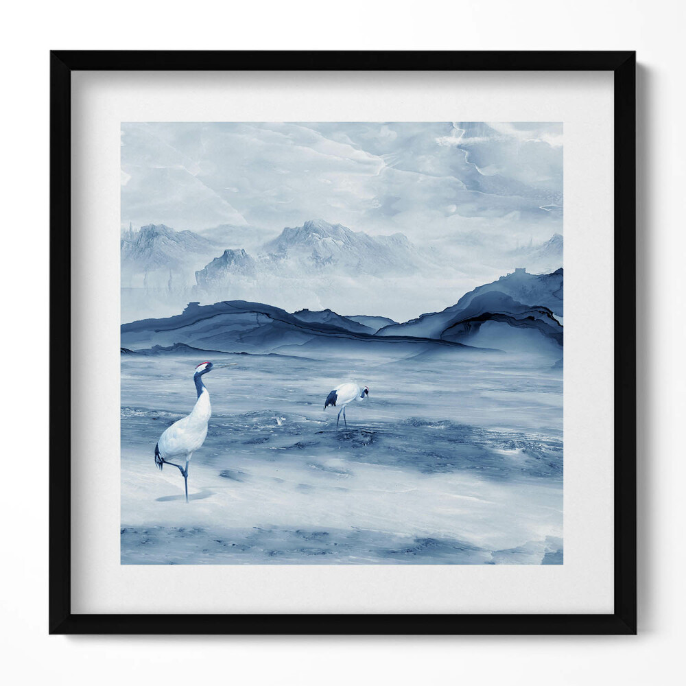 Obraz w drewnianej ramce Malowany pejzaż jeziora i żurawi