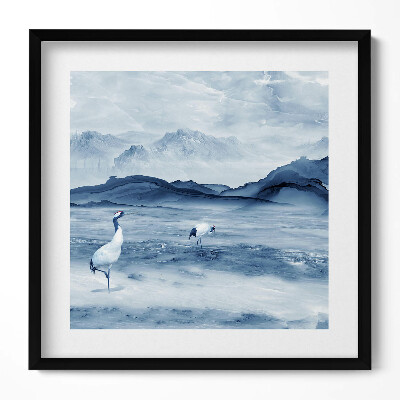 Obraz w drewnianej ramce Malowany pejzaż jeziora i żurawi