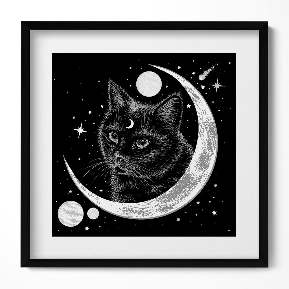Obraz w drewnianej ramce Magiczny czarny kot i kosmos