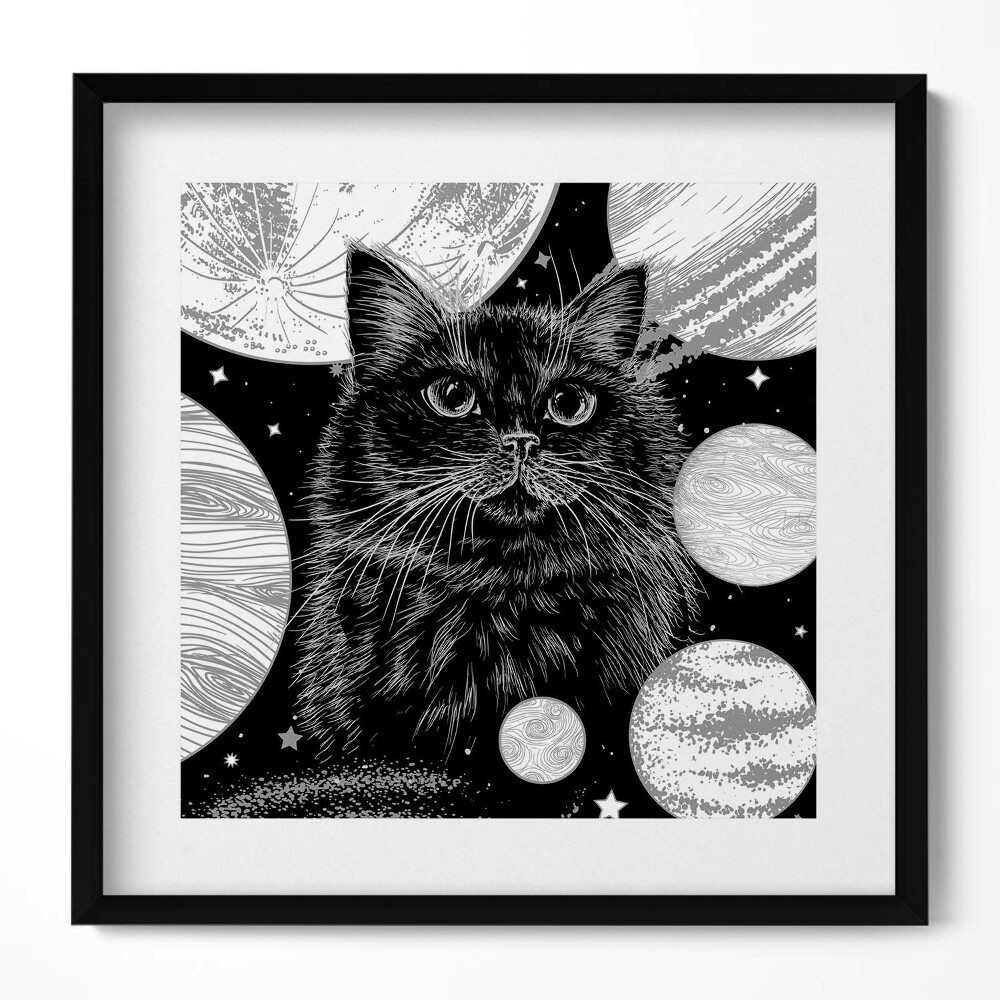 Obraz w drewnianej ramce Magiczny czarny kot i kosmos