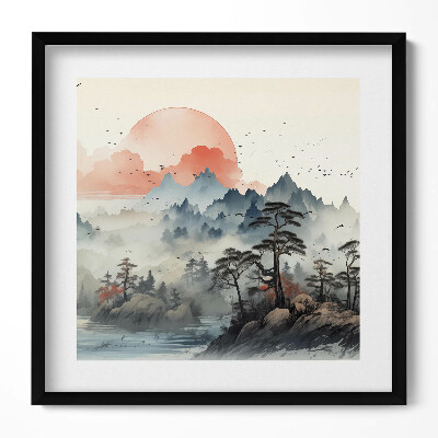 Obraz w drewnianej ramce Górski pejzaż lasu w japońskim stylu