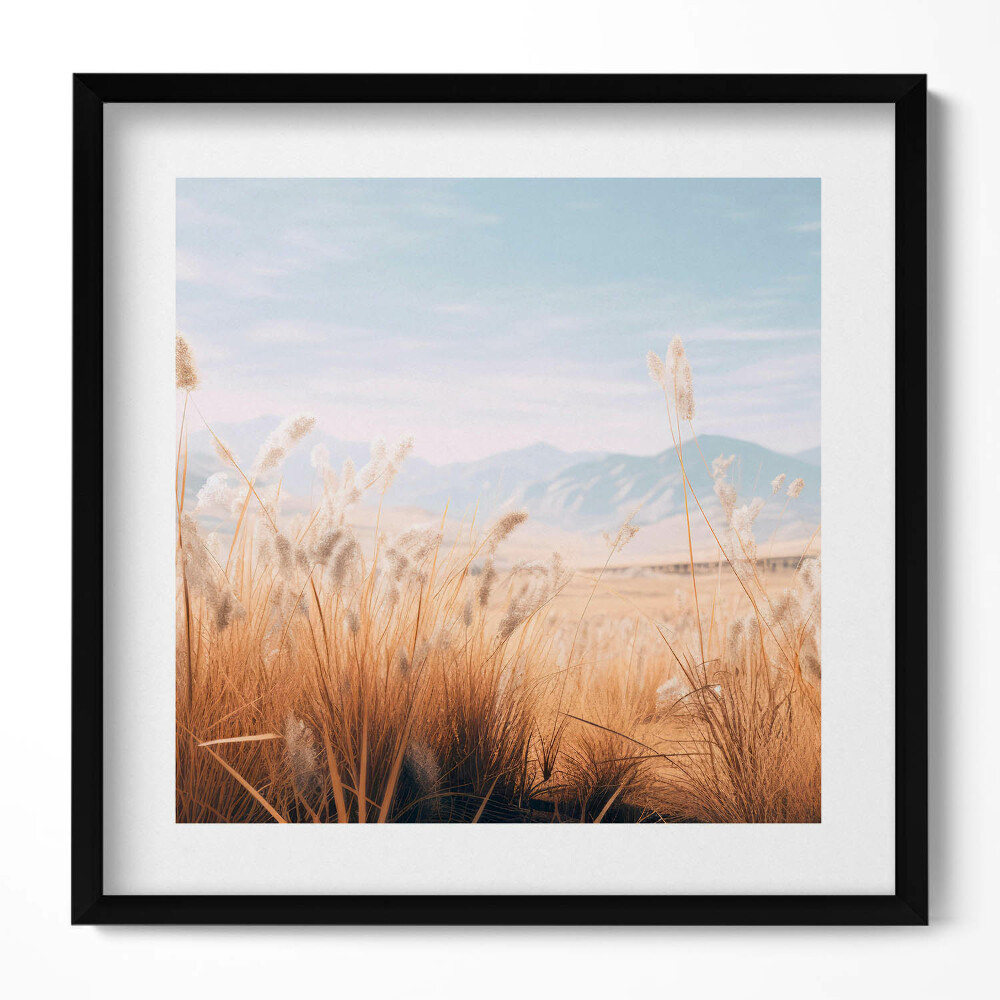 Obraz w drewnianej ramce Romantyczny pejzaż traw i gór w stylu boho