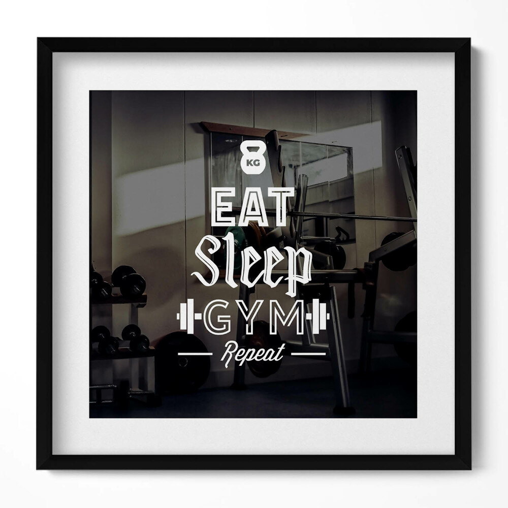 Obraz w drewnianej ramce Motywacyjny napis "Eat sleep gym repeat"