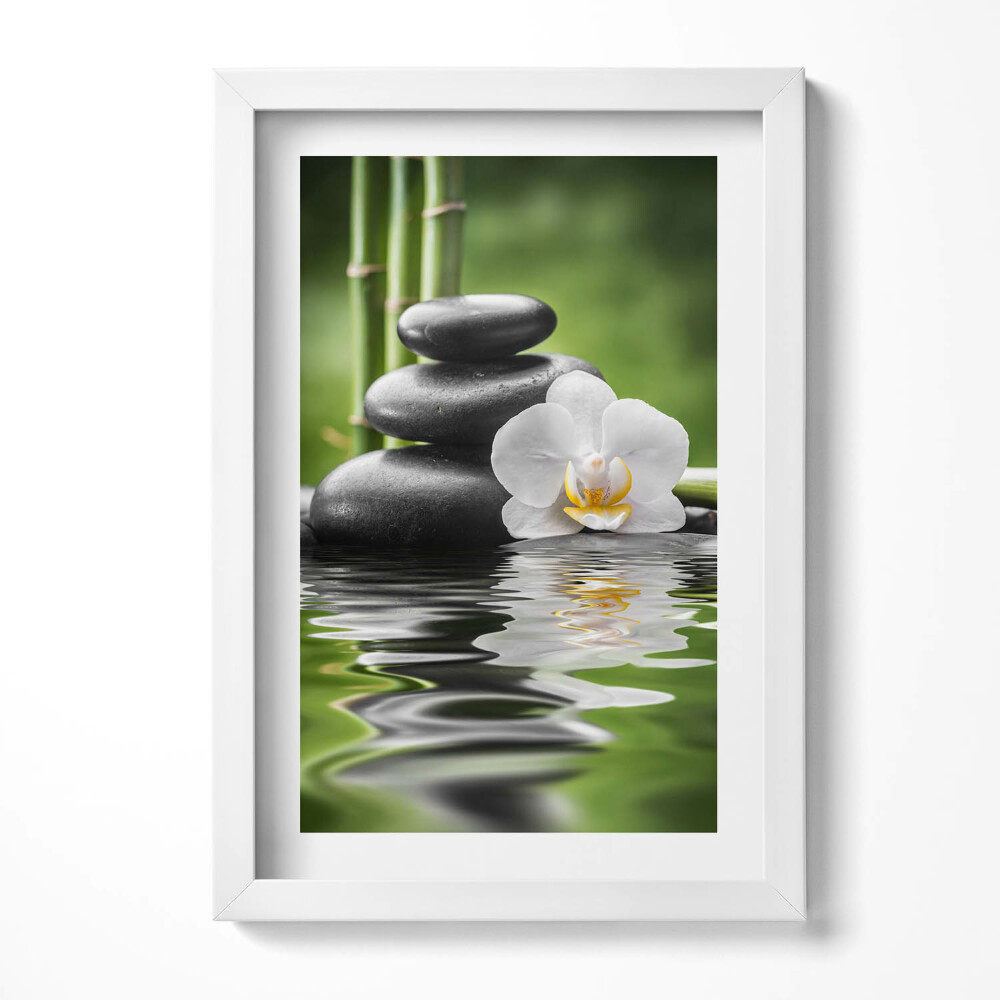 Obraz w ramie Zen - kamienie bambus i kwiat na wodzie