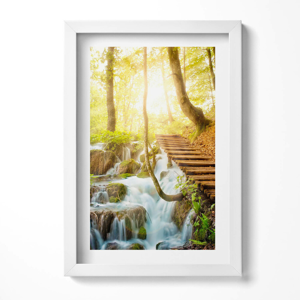 Obraz w ramie Strumień i schody w lesie