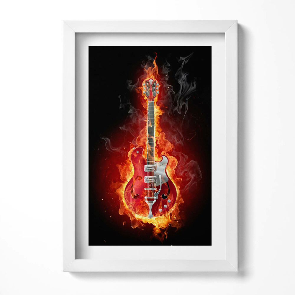 Obraz w ramie Płonąca czerwona gitara elektryczna