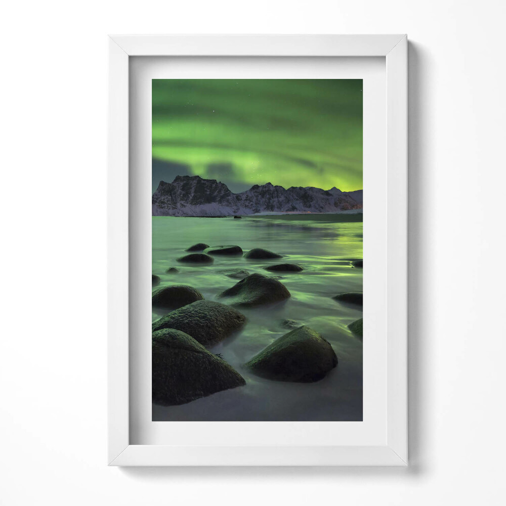 Obraz w ramie Zorza polarna - zielony pejzaż