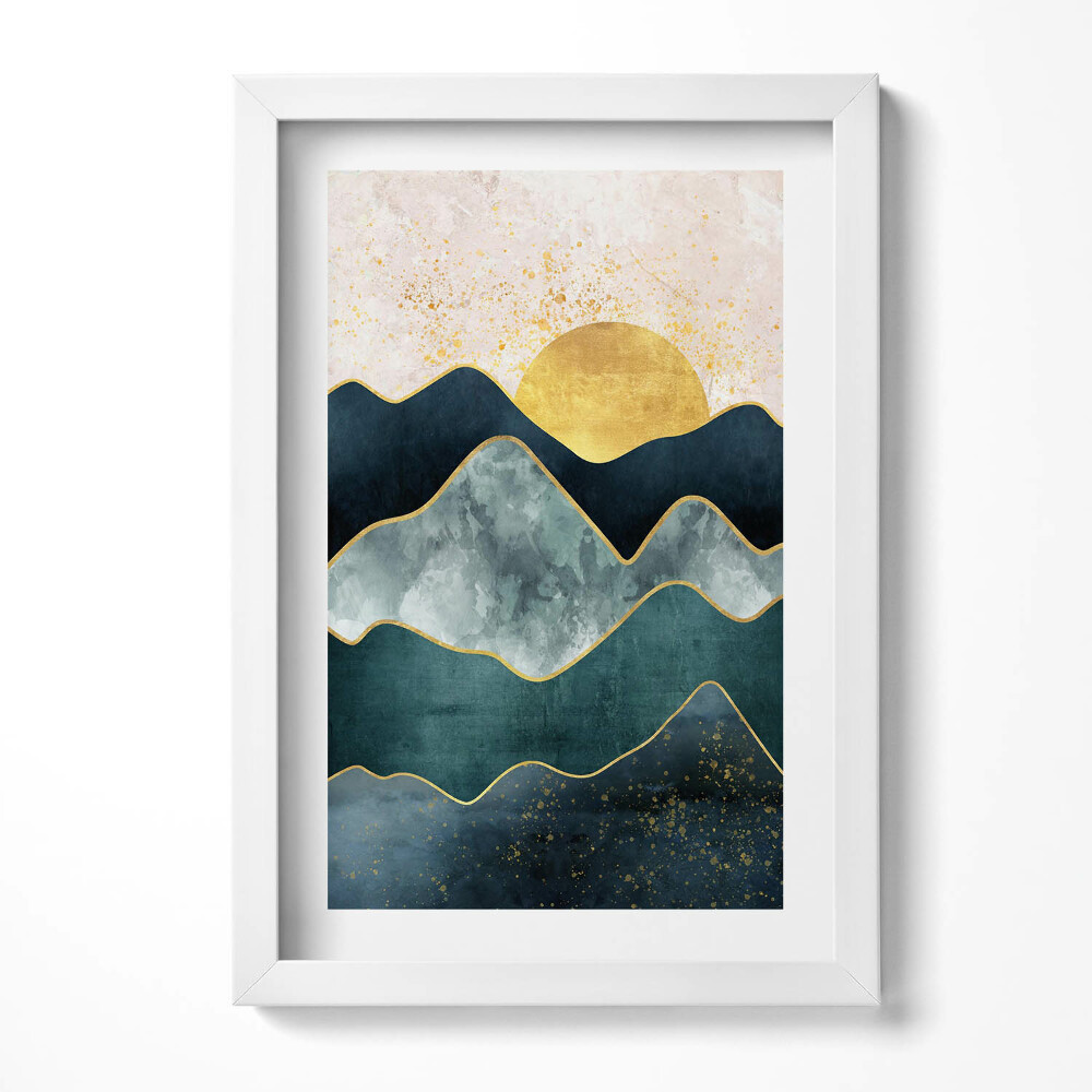 Obraz w ramie Abstrakcyjny pejzaż gór i złotego słońca