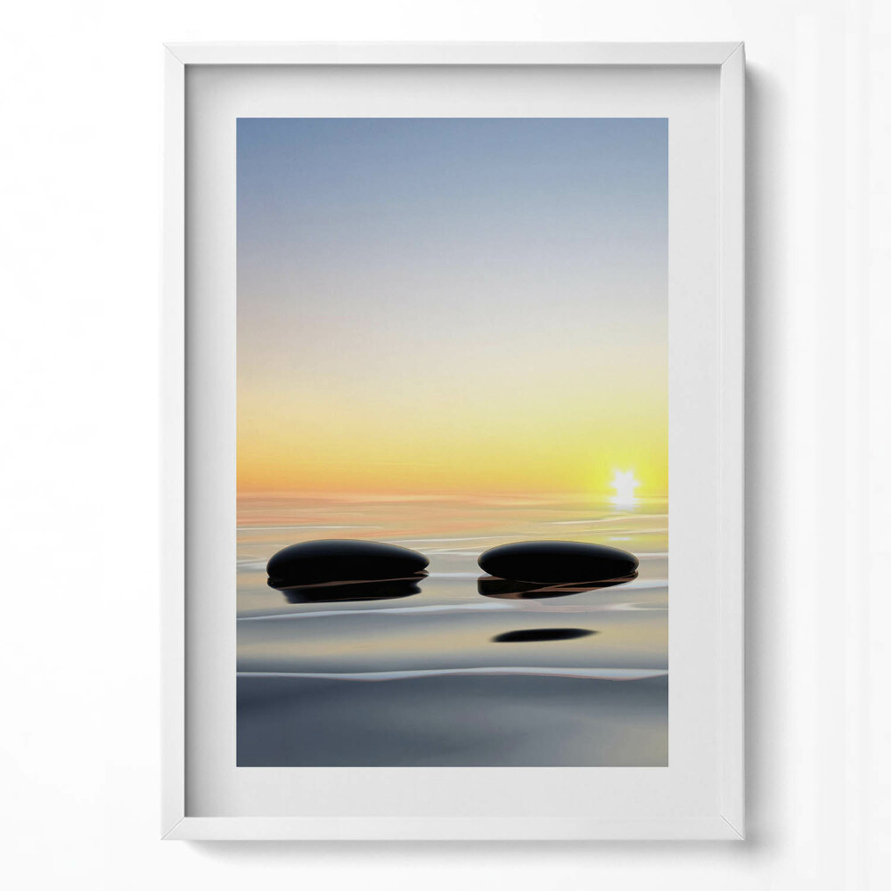 Obraz pionowy Kamienie na wodzie o wschodzie słońca - zen