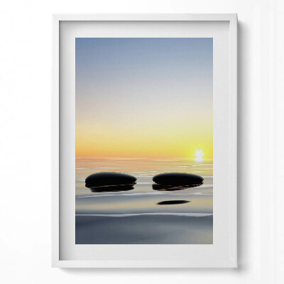 Obraz pionowy Kamienie na wodzie o wschodzie słońca - zen