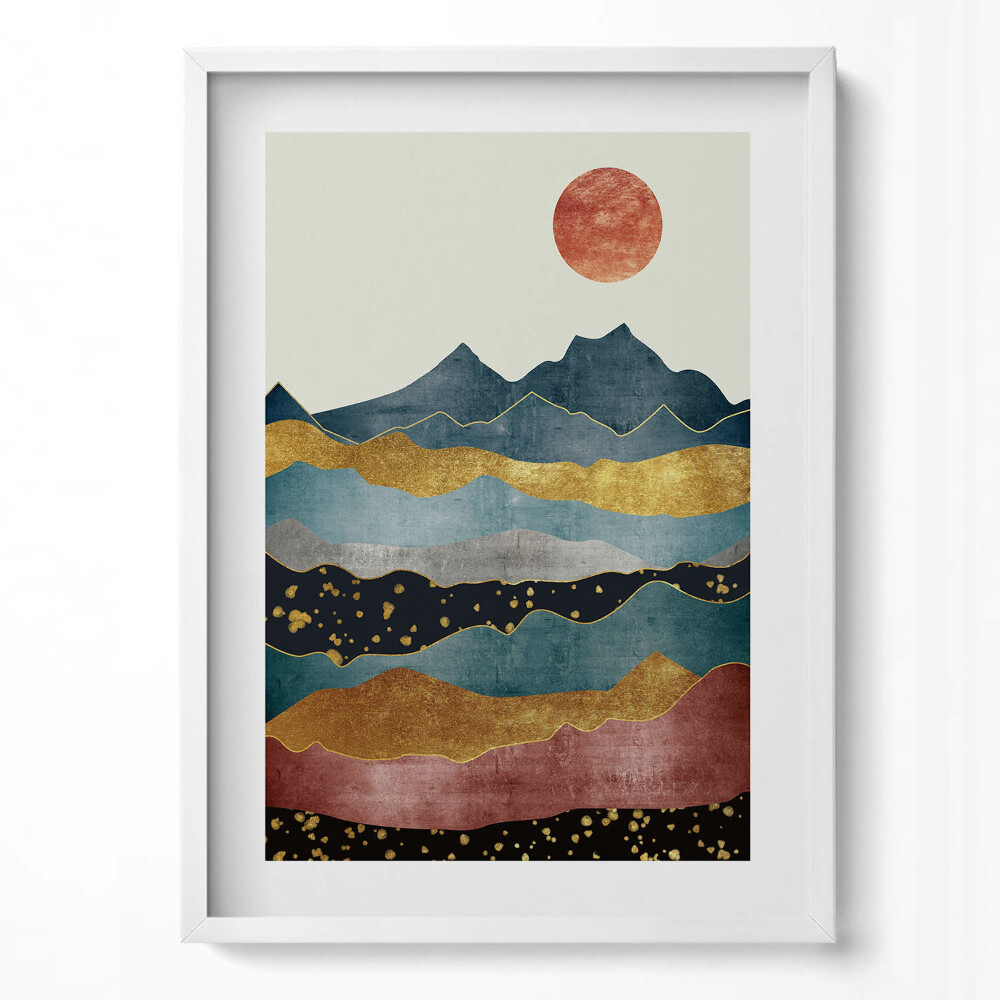 Obraz pionowy Abstrakcyjny pejzaż kolorowych gór i słońca